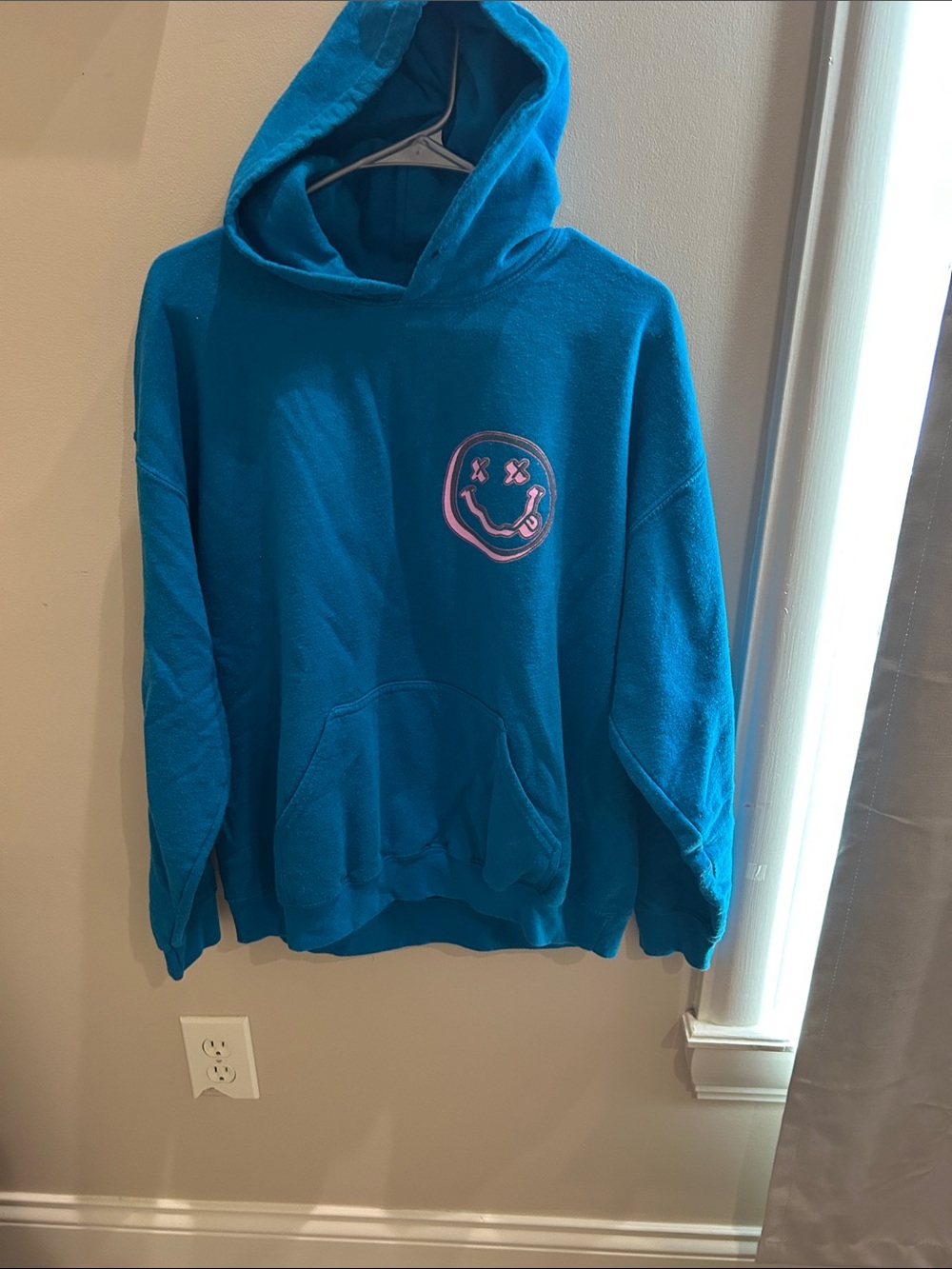 NIRVANA Teal Blue Hooded Sweatshirt with Pink Smiley Patch